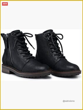 Faux Leather Combat Boots Lace-up Ankle Booties Lug Sole Zipper Short Boots